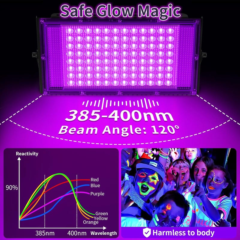 YAYIT 100W Black Lights with Switch+Plug, IP66 Waterproof, LED Blacklight Flood Light for Glow Party, Halloween, Bedroom, Fluorescent Poster, Body Paint, 2 Pack - Image 2